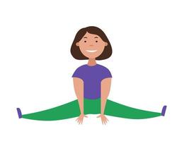 The girl is sitting with her legs wide apart. Stretching exercises. Cross twine. Vector illustration