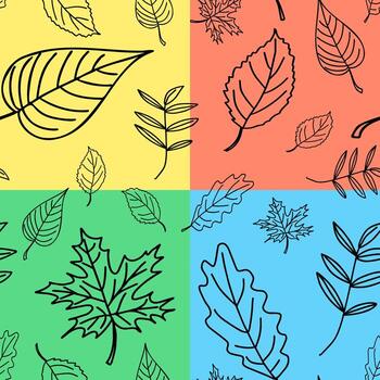 Doodle pattern of autumn leaves on a four-color background isolated background. vector