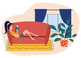 Vector illustration of a woman reading a book while lying on the couch.