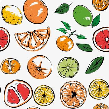 Seamless bright vector pattern of colored citrus fruits on a white background.