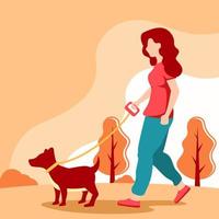 woman walking dog on leash. girl leading pet in park illustration vector