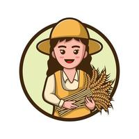 Cute farmer girl cartoon carrying bundle of wheat vector