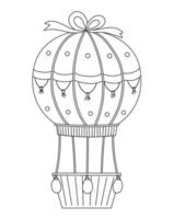 Vector cute black and white hot air balloon. Funny birthday holiday illustration for kids. Cheerful celebration line icon