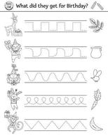 Vector Birthday party handwriting practice worksheet. Holiday printable black and white activity for pre-school children. Educational tracing game for writing skills with b-day presents