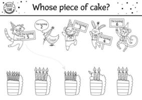 Birthday black and white matching activity for children. Fun outline puzzle with cute animals in party hats and cakes with candles. Holiday line game, printable worksheet for kids. How old are they vector