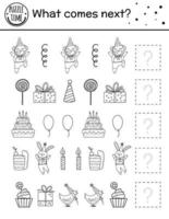 What comes next. Birthday black and white matching activity for preschool children with traditional holiday symbols. Funny outline educational puzzle. Logical line worksheet. Continue the row. vector