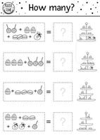 Birthday black and white counting game with traditional desserts. Holiday outline activity for preschool children with cakes, cupcakes. Educational line celebration printable math worksheet for kids vector