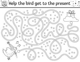 Birthday black and white maze for children. Holiday outline preschool printable educational activity. Funny line b-day party game or puzzle with cute chicken. Help the bird get to the present vector
