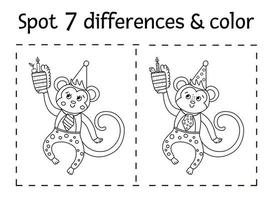 Birthday party find differences and color game for children. Anniversary black and white educational activity with funny monkey and cake with candle. Printable worksheet with smiling character. vector