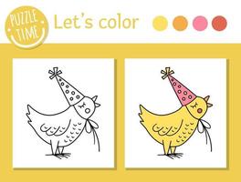 Birthday coloring page for children. Funny bird in party hat. Vector holiday outline illustration with cute animal. Party color book for kids with colored example