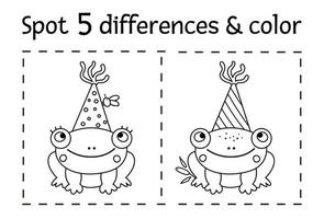 Birthday party find differences and color game for children. Anniversary black and white educational activity with funny frog in party hat and fly. Printable worksheet with smiling character. vector