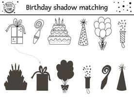 Birthday black and white shadow matching activity for children. Fun outline puzzle with party objects. Celebration educational line game for kids with holiday symbols. Find the correct silhouette vector
