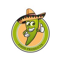 ají picante verde mexicano con logotipo de mascota de icono de sombrero para comida y bebida de restaurante