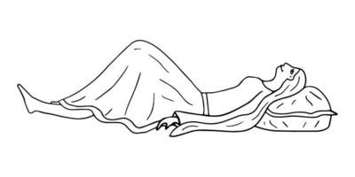 Doodle young woman lying. Girl relaxing on the pillow isolated on white background. Side view. vector
