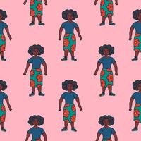 Doodle young fat African American lady in skirt with flowers seamless pattern. Body Positive concept background. vector