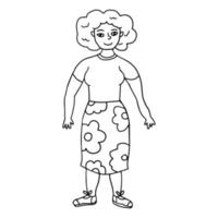 Doodle young fat lady in skirt with flowers. Body Positive concept isolated on white background. vector