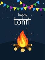 Vector typography, happy Lohri indian writing style, with bonfire and dark night background, as banner, greeting card or flyer, happy Lohri festival.