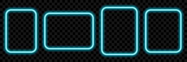 Set of square neon light on a transparent background. Neon frame design. Vector illustration.