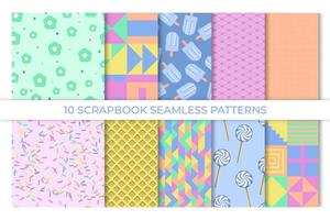Scrapbook background, seamless pattern. Vector illustration. Cute paper for scrap design. Chic print with heart, polka dot, stripe, fruit. Trendy modern texture. Color illustration. Geometric backdrop