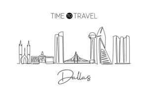 Single continuous line drawing of Dallas city skyline, USA. Famous city scraper and landscape. World travel concept home wall decor poster print art. Modern one line draw design vector illustration