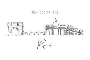 Single continuous line drawing of Rome city skyline, Italy. Famous Roma skyscraper landscape. World travel home wall decor poster print art concept. Modern one line draw design vector illustration