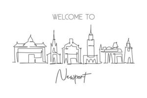 One single line drawing of Newport city skyline, Wales. Historical town landscape. Best holiday destination home wall decor poster print art. Trendy continuous line draw design vector illustration