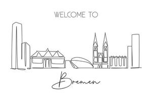 One continuous line drawing Bremen city skyline, Germany. Beautiful skyscraper. World landscape tourism travel vacation wall decor poster concept. Stylish single line draw design vector illustration