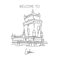 Single continuous line drawing Belem Tower landmark. Famous place in Lisbon, Portugal. World travel home wall decor art poster print campaign concept. Dynamic one line draw design vector illustration