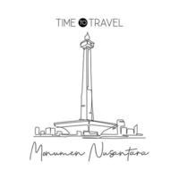 One single line drawing Monas landmark. Iconic place in Jakarta, Indonesia. Tourism travel postcard wall decor home art poster print concept. Vector illustration