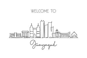 One single line drawing Guayaquil city skyline, Ecuador. World historical town landscape wall decor poster print. Best place holiday destination. Trendy continuous line draw design vector illustration