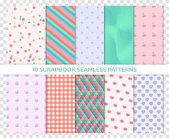 Scrapbook background, seamless pattern. Vector illustration. Cute paper for scrap design. Chic print with heart, polka dot, stripe, fruit. Trendy modern texture. Color illustration. Geometric backdrop
