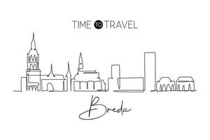 One continuous line drawing of Breda city skyline, Netherlands. Beautiful skyscraper. World landscape tourism travel vacation home wall decor poster print. Single line draw design vector illustration