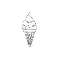 One single line drawing of fresh ice cream cone store logo graphic vector illustration. Icecream dessert cafe menu and restaurant badge concept. Modern continuous line draw design street food logotype