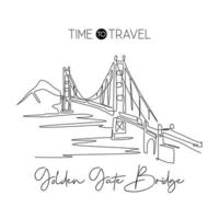 One continuous line drawing Golden Gate Bridge landmark. Iconic place in San Francisco USA. Holiday wall decor home art poster print concept. Modern single line draw design vector graphic illustration