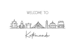 One continuous line drawing of Kathmandu city skyline, Nepal. Beautiful landmark postcard. World landscape tourism travel vacation. Editable stylish stroke single line draw design vector illustration