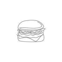 One single line drawing of fresh logo American burger vector illustration. Fast food beefburger cafe menu and restaurant badge concept. Modern continuous line draw design street food logotype