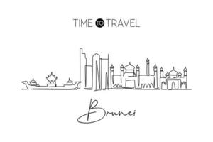 Single continuous line drawing of Bandar Seri Begawan city skyline, Brunei Darussalam. Famous city landscape. World travel concept wall decor poster print art. One line draw design vector illustration