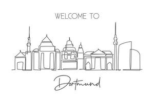 One continuous line drawing Dortmund skyline, Germany. Beautiful city skyscraper. World landscape tourism travel vacation wall decor poster concept. Stylish single line draw design vector illustration