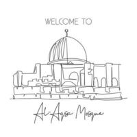 dibujo de una sola línea continua hito de la mezquita al aqsa. lugar santo masjid en jerusalén. concepto de impresión de póster de decoración de pared de arte para el hogar de la campaña de viajes mundiales. Ilustración de vector de diseño de dibujo de una línea dinámica