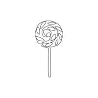 One single line drawing of fresh sweet online swirly lollipop shop logo vector illustration. Assorted confectionery candy store and badge concept. Modern continuous line draw design snack logotype