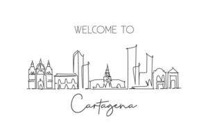 Single continuous line drawing of Cartagena skyline, Colombia. Famous city scraper landscape postcard. World travel destination concept. Editable stroke modern one line draw design vector illustration