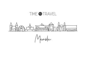 One continuous line drawing of Merida city skyline, Mexico. Beautiful landmark home decor poster print. World landscape tourism and travel vacation. Stylish single line draw design vector illustration