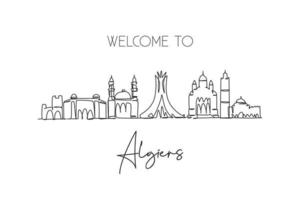un dibujo de línea continua del horizonte de la ciudad de argel, argelia. hermosa postal histórica. vacaciones de viaje de turismo de paisaje mundial. Ilustración de vector de diseño de dibujo de una sola línea de trazo elegante editable