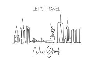 One single line drawing New York city skyline United States. Historical town landscape in world. Best holiday destination poster. Editable stroke trendy continuous line draw design vector illustration