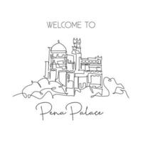 One single line drawing Pena Palace landmark. World famous iconic castle in Sintra, Portugal. Tourism travel home wall decor postcard poster concept. Continuous line draw design vector illustration