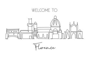 One single line drawing of Florence city skyline, Italy. Historical skyscraper landscape in world. Best holiday destination wall decor poster. Trendy continuous line draw design vector illustration