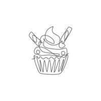 One continuous line drawing fresh sweet delicious American muffin with wafer stick logo emblem. Cookies cafe shop logotype template concept. Modern single line draw design vector graphic illustration