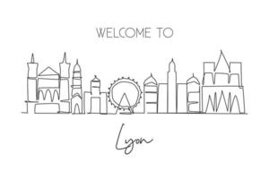 One continuous line drawing of Lyon city skyline, France. Beautiful skyscraper. World landscape tourism travel vacation wall decor poster concept. Stylish single line draw design vector illustration