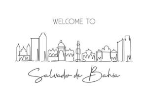 One continuous line drawing of Salvador de Bahia city skyline, Brazil. Beautiful landmark wall decor poster print. World landscape tourism travel. Stylish single line draw design vector illustration