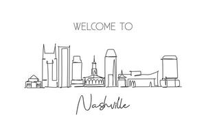 Single continuous line drawing of Nashville city skyline, Tennessee. Famous city scraper landscape. World travel concept home wall decor poster print. Modern one line draw design vector illustration